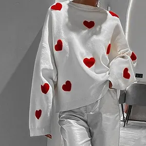 Damen Oversized Acryl Herz Muster Pullover Western Stil Rundhals Patchwork Langarm Strick Top Für Den Herbst