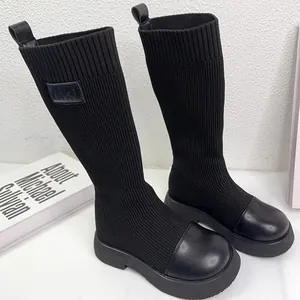 Stivaletti a Calza Alti Neri per Ragazze Maglia Fly-Knit Pelle Microfibra Leggeri Caldi Antiscivolo per Bambini Moda Coreana