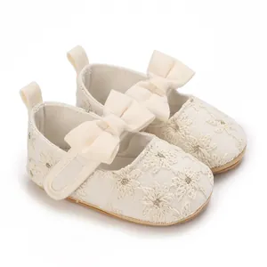 Chaussures de Princesse pour Bébé Fille avec Broderie Florale Semelle Souple Chaussures de Marche avec Nœud pour Nourrissons