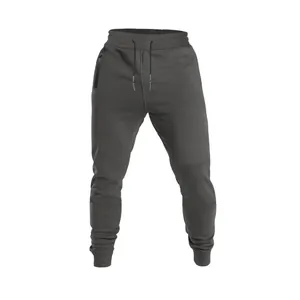 High-quality detail view of men's dark grey drawstring leisure sweatpants with side zipper pocket.