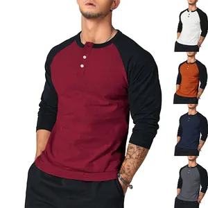 Detailed view of men's slim fit long sleeve color-block raglan T-shirt color options.