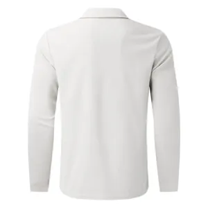 Back view of a white waffle knit long-sleeved polo shirt showing texture detail