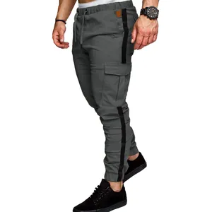 Grey slim-fit cargo pants for men with black side stripe and multi-pocket design