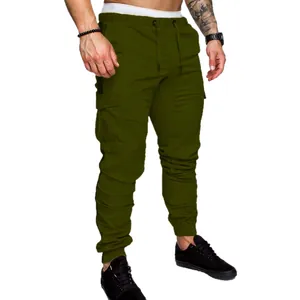 Men's casual olive green multi-pocket cargo pants with drawstring and jogger cuffs.