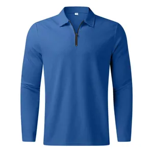 Close-up detail of men's blue long-sleeve polo shirt with waffle texture and zipper