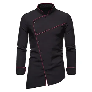 Front view of black long-sleeved shirt with red piping and asymmetric hem detail