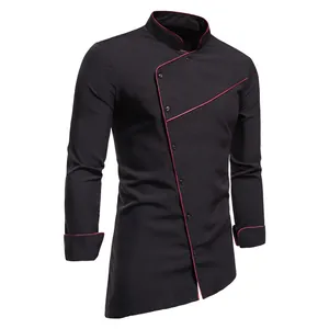 Detail view of men's black long-sleeved shirt with asymmetrical front and red piping.