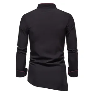 Back view of black long-sleeved business casual shirt with red piping and asymmetrical hem