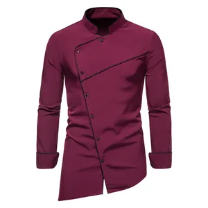 Burgundy long sleeve shirt with asymmetrical button closure and black piping details