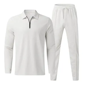 Men's waffle knit long sleeve polo and sweatpants 2-piece casual tracksuit set