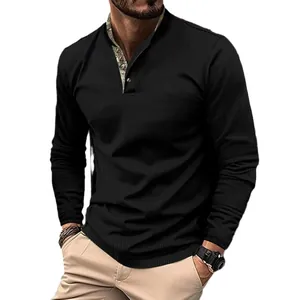Herren Waffel-Langarm-Poloshirt mit doppeltem Stehkragen und Camouflage-Detail