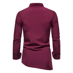 Back view of burgundy men's long-sleeve dress shirt with unique asymmetrical hem