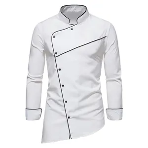 Front view of white long-sleeve men's shirt with asymmetrical black piping and mandarin collar