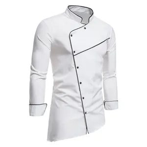 Detail of men's white long-sleeve shirt with asymmetrical black button design