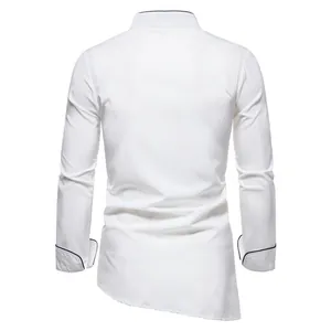 Back view of white long sleeve shirt with black piping and asymmetrical hem detail