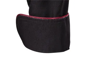 Close-up of black business casual shirt cuff featuring elegant burgundy piping trim.