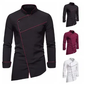 Men Business Casual Long Sleeve Shirt Stand Collar Asymmetric Slant Placket Contrast Piping Tuxedo Inner Shirt