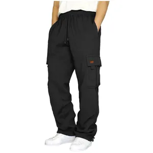 Pantalones cargo negros para hombre con múltiples bolsillos y cintura elástica ajustable