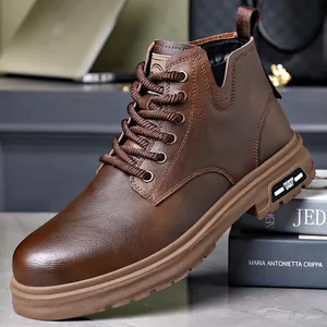 Botas Martin de Cuero Genuino para Hombre Invierno Cálido Acolchado Botines Estilo Británico Casual Workwear Cordones Cremallera Lateral