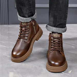 Casual καφέ δερμάτινα μποτάκια Martin για άνδρες με πλαϊνό φερμουάρ και χοντρή σόλα