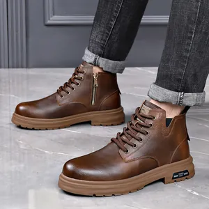 Botas Martin de cuero marrón para hombre con cremallera lateral y diseño de cordones