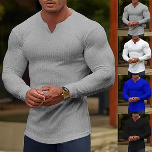 Maglietta a Compressione Sportiva da Uomo Manica Lunga a Coste a Righe Muscle Fit Top da Allenamento Scollo a V Alta Elasticità Poliestere Base Layer