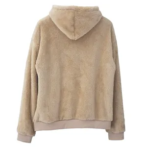 Rückansicht eines schweren Oversize-Doppelflanell-Hoodies in warmem Beige mit weichem Finish