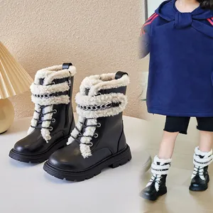 Kids Martin Boots Autumn Winter Faux Lamb Wool Lining Warm Mid Calf Boots For Girls Fashion Soft Sole Boots Black Beige