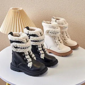 Warm children's Martin boots with curly fur trim and chain detail, fleece-lined.