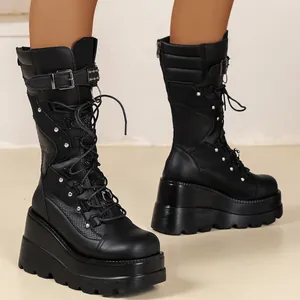 Damen Punk Stil Keilabsatz Wadenhohe Stiefel Schwarz PU Leder Mesh Plateau Schnürstiefel Nieten Schnalle Ritter Stiefel Gothic Streetwear