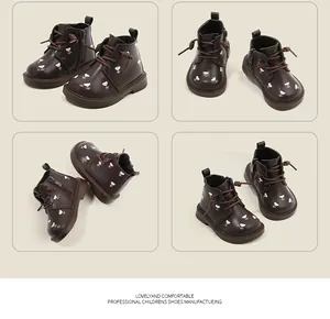 Detailed views of dark brown toddler girl boots with floral embroidery from various angles.