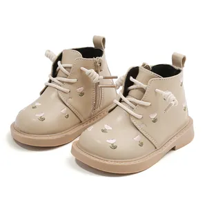 Cute beige baby girl leather boots with pink floral embroidery and side zipper closure