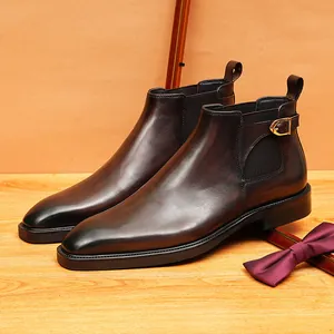 Bottines Chelsea Business pour Hommes en Cuir Fleur à Bout Pointu Hiver Rétro Brossé Style Britannique Bottes Martin Avec Boucle