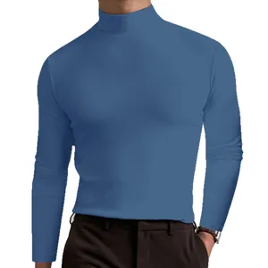 Maglietta da uomo a maniche lunghe con collo alto in blu, tessuto di seta di latte