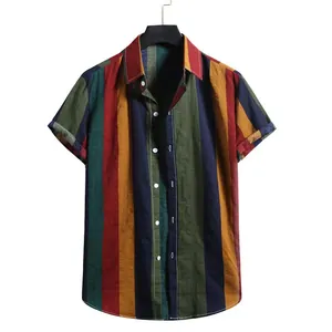 Chemise Décontractée à Rayures pour Hommes Multicolore Manches Courtes Col à Revers Boutonné Mélange de Coton Coupe Ajustée Haut de Plage Été