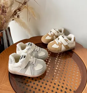 Comfortable plush fleece-lined toddler walking shoes in grey and brown color options