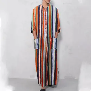 Men's loose striped long robe with stand collar and pockets, colorful ethnic style kaftan
