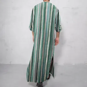 Men's loose striped long kaftan robe with vertical stripes and side slits, back view