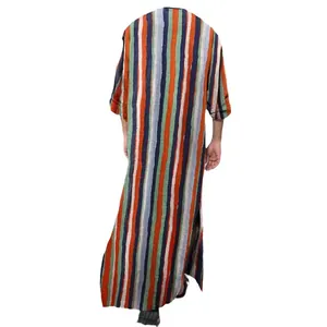 Men's loose vertical striped long robe with stand collar and short sleeves back view