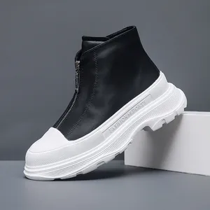 Designer Trendy Men Platform Martin Boots Front Zipper Thick Sole Casual Microfiber Leather Boots Height Increasing Men Shoes