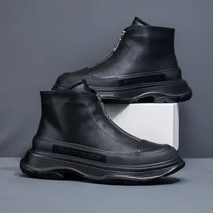 Trendy black chunky platform leather boots for men with front zipper closure.