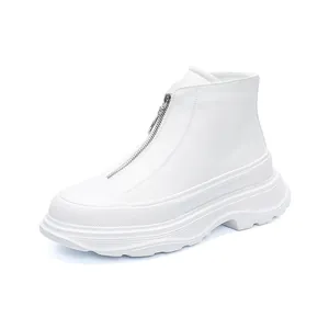 Stylish white chunky men's leather ankle boots featuring a front zipper and height-increasing sole