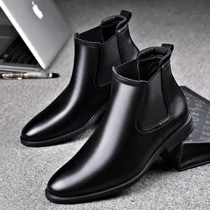 Men's Chelsea Pointed Toe Genuine Leather Boots British Business Style Slip-On Mid-Calf Boots Large Size Men Shoes