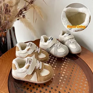 Kids Winter Fleece Lined Casual Shoes Warm Toddler Sneakers Color Block Plush Infants Walking Shoes For Boys Girls