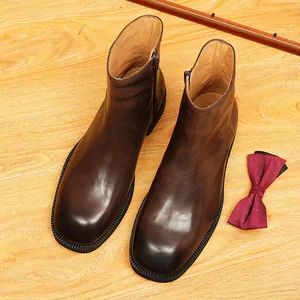 Vintage brown genuine leather Chelsea boots for men featuring a stylish square toe design