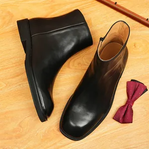 Premium men's retro black genuine leather Chelsea boots with a classic square toe design