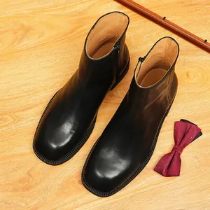 Men's retro square toe genuine leather Chelsea boots with side zipper in black.