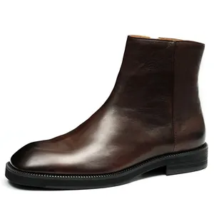 Vintage dark brown leather Chelsea boots for men with business casual square toe style