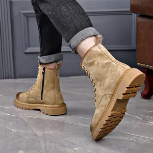 Bottines Martin chic en daim kaki pour hommes avec fermeture éclair latérale et lacets