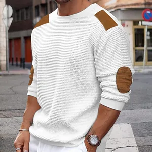 Men's Crew Neck Acrylic Knit Sweater Slim Fit Patchwork Long Sleeve Pullover With Shoulder Elbow Patches Waffle Texture